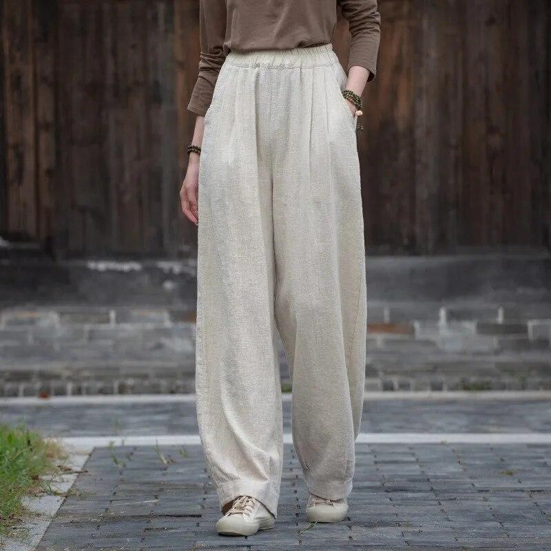 Johnature Women Vintage Straight Pants Elastic Waist Autumn Trouser Solid Color Loose Casual Women Long Pants