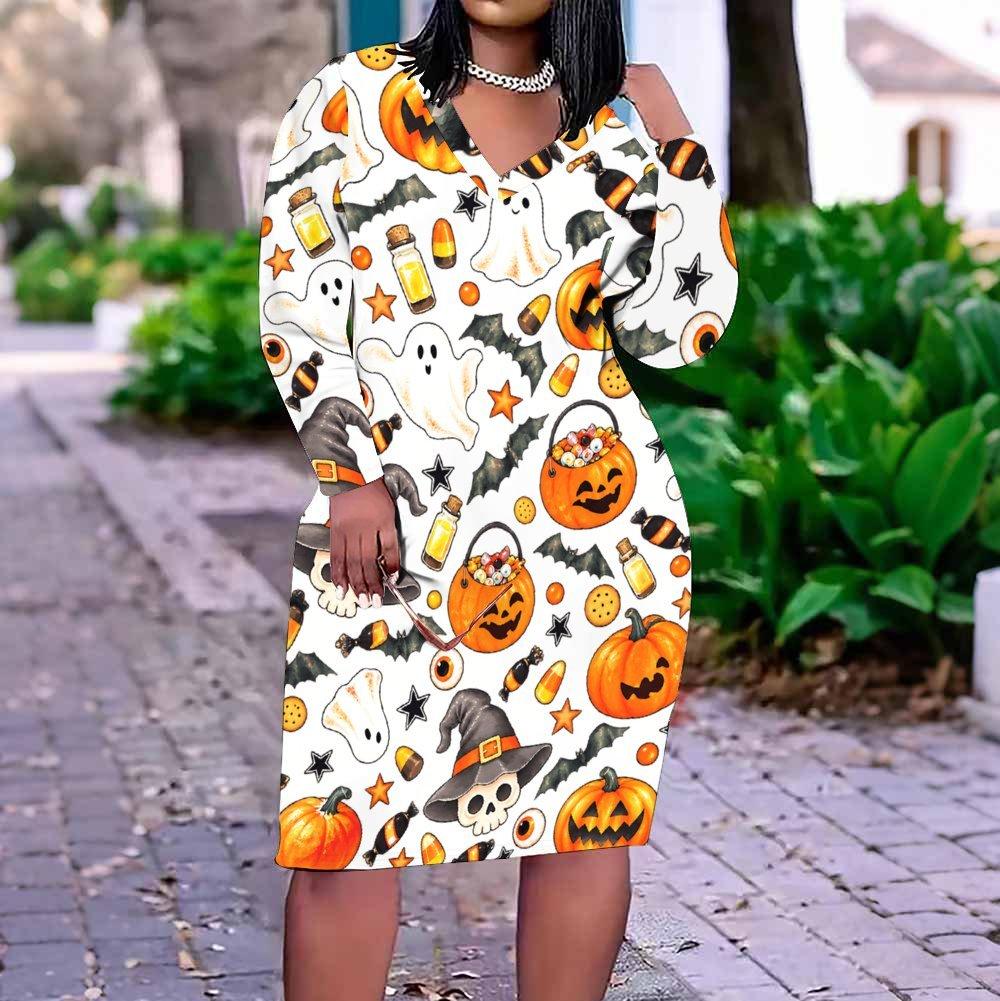 Women Plus Size V Neck Long Sleeve Fitted Straight Hem Dress Halloween Dachshund Printed White
