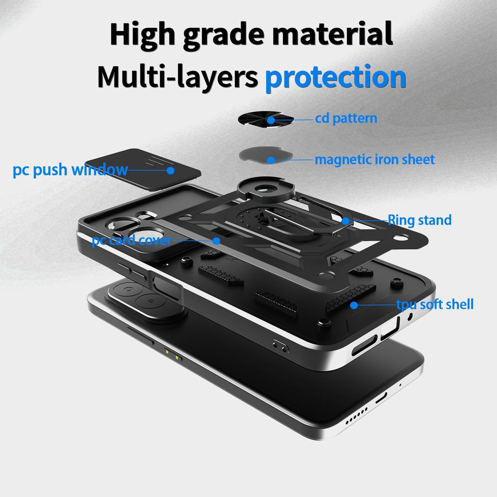 For Xiaomi Poco M7 4G (169mm) Case with Slide Camera Lid PC+TPU Kickstand Phone Cover