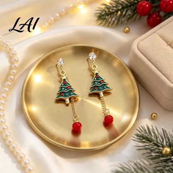 Gold Tone Enamel Earrings 1 Pair Women Colorful for Christmas Tree Rhinestone Shaped Decorative Seasonal