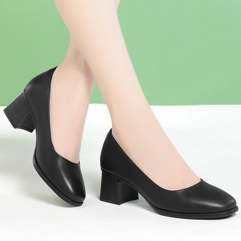 Single Shoes Women's Soft Leather Round Head Thick Heel Medium Heel Professional Women's Shoes Black Work Comfortable Women's Soft Sole  Shoes