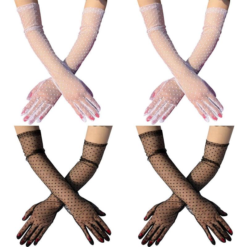 1-4Pair Fashion Women Black White Dot Lace Long Tulle Gloves Bride Wedding Stretchy Full Finger Transparent Thin Lady Mesh Glove
