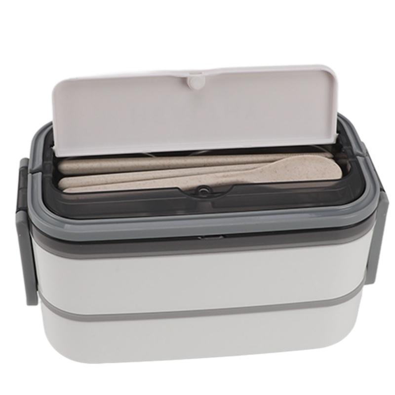 Doppelschichtige Bento-Box 316 Edelstahl Fächer Tragbare Lunchbox Mit Besteck Für Arbeit Schule Büro 1400ml Weiß