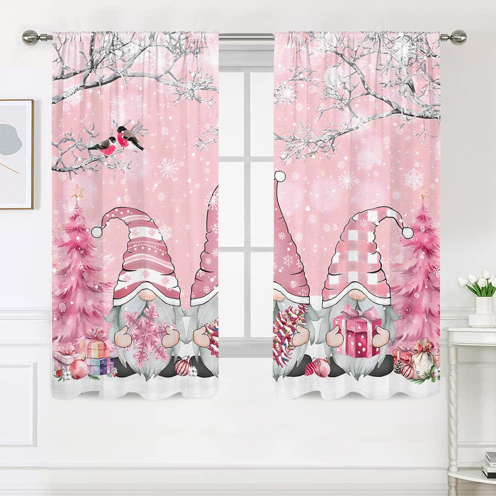 2 Pieces, Pink Christmas Gnome, Pine Branch Curtains -30% Blackout - Suitable for Living Room, Bedroom, Kitchen, Home Decoration