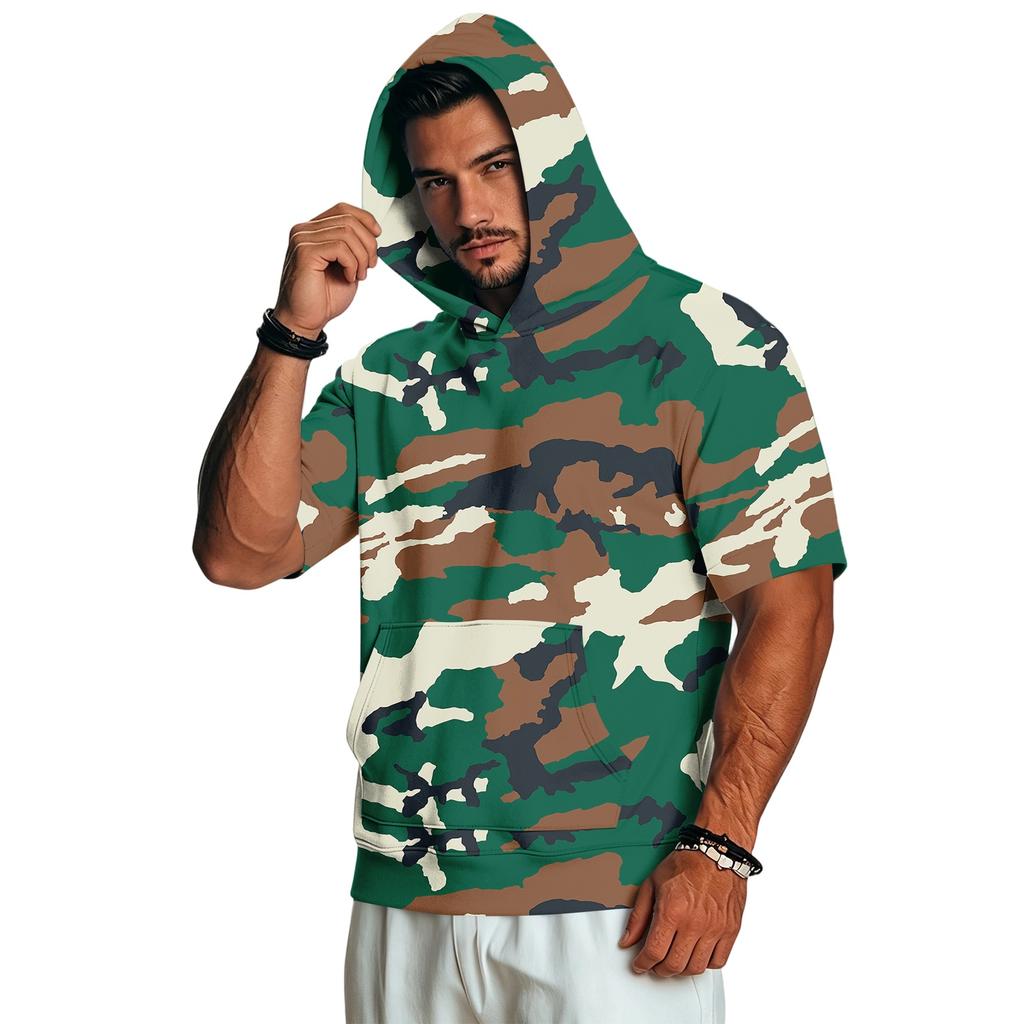 Men's Short Sleeve Hoodie Casual Retro Lightweight Camouflage Print