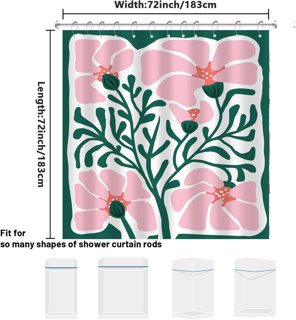 Retro Funky Matisse Shower Curtain, Abstract Floral Leaf Green Pink Boho Art, Waterproof Fabric