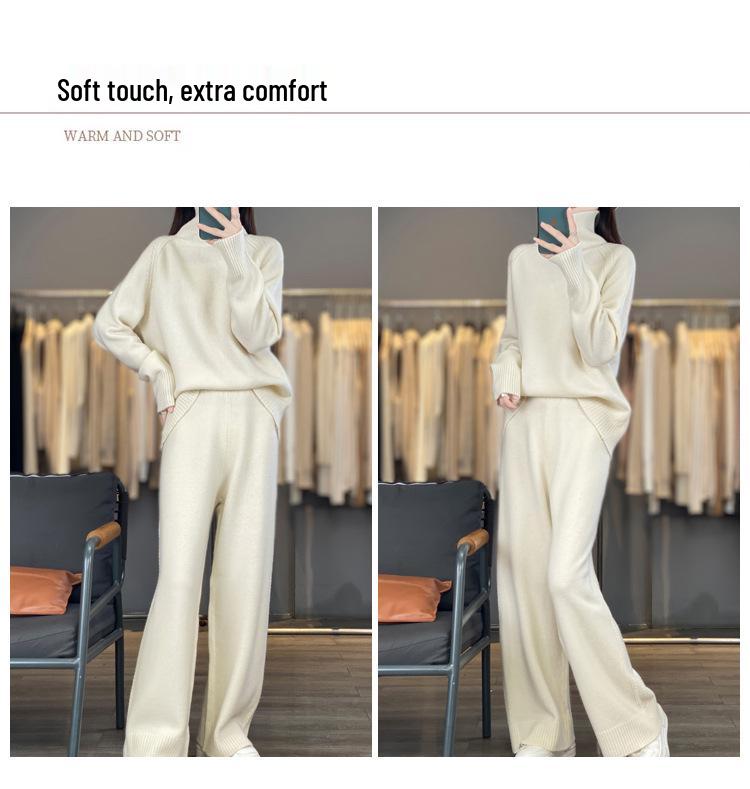 2026 Fall/Winter Pure Wool High-Neck Sweater & Wide-Leg Pants Set