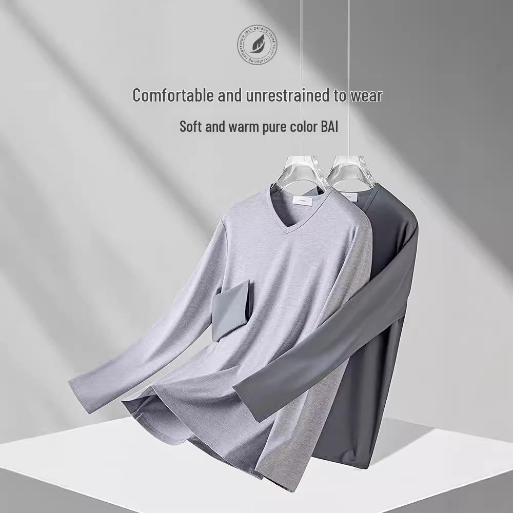 Men's V-Neck Mercerized Modal Long Sleeve T-Shirt - Solid Color, Lightweight, Ideal for Spring/Autumn Layering.