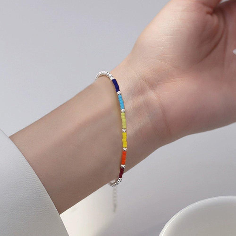 Silver 925 Rainbow Colorful Beads Silver Ball Silver Bracelet W087