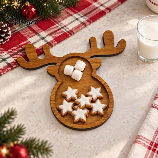 Solid Wood Appetizer Platter Christmas Tree And Elk Serving Tray, Durable Partitioned Wooden for Guests Food Platter, Decorative Dinnerware