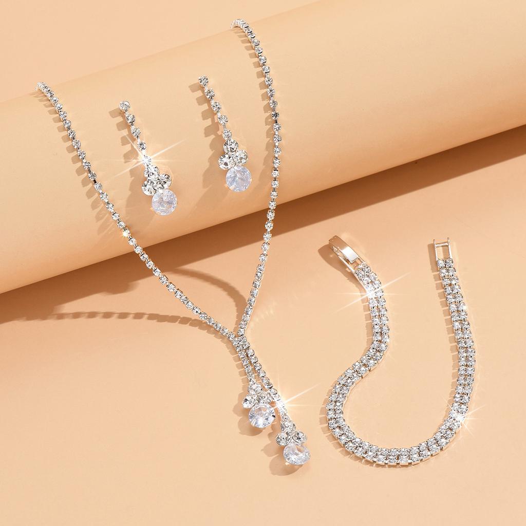 4PC Fashion Simple Copper Inlaid Rhinestone Claw Chain Necklace Earrings Bracelet Zircon Set Women's Wedding Decoration-5273