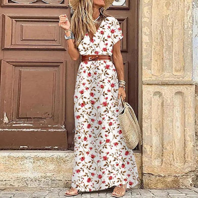 Boho Dámské dlouhé šaty s výstřihem do V s krátkým rukávem Paisley s potiskem s velkým lemem