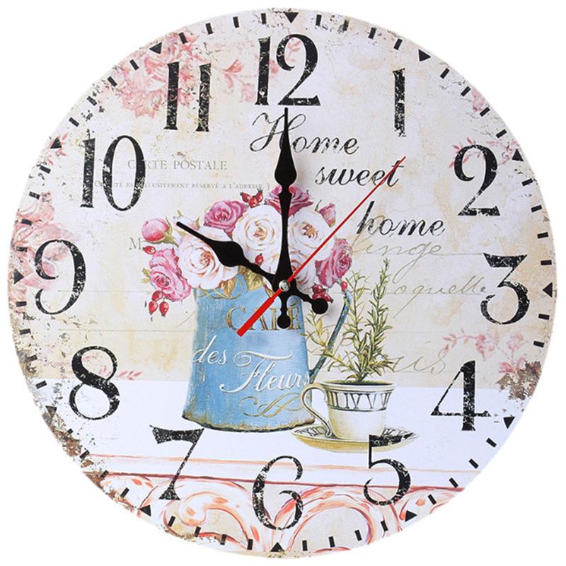 30CM Silent Wall Clock,Vintage Pattern Wooden Cardboard Wall Clock, European Retro Clock for Chic Home Office Cafe Decor