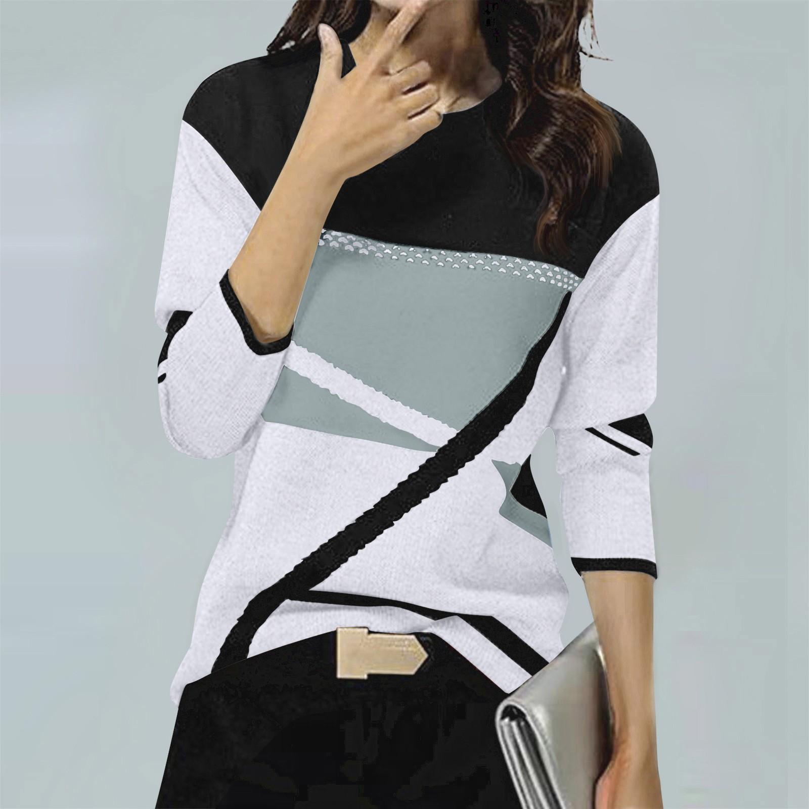 

Женская зимняя мода с контрастным позиционированием и принтом с круглым вырезом и длинными рукавами XL белый