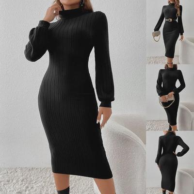 2024 Autumn/Winter Women's Fashion: Solid Color Ribbed High Collar Long-Sleeve Dress