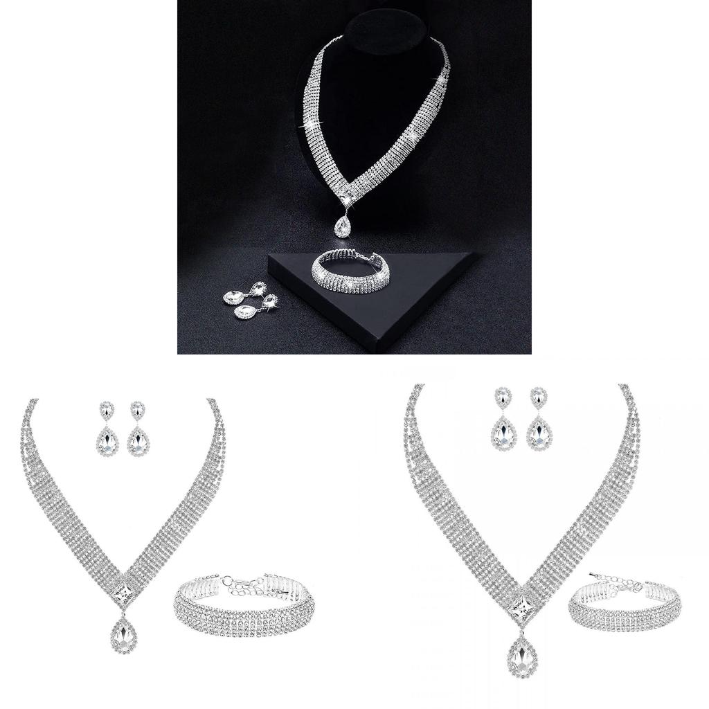 Water Drop Necklace Earring Bracelet Set With Zirconia For Bridal Wedding Dress Accessories