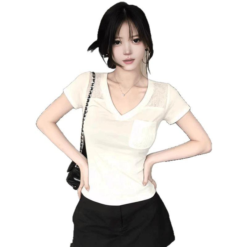 Old money V-neck pullover loose and thin round neck short-sleeved T-shirt women's summer chest width slim and thin versatile top