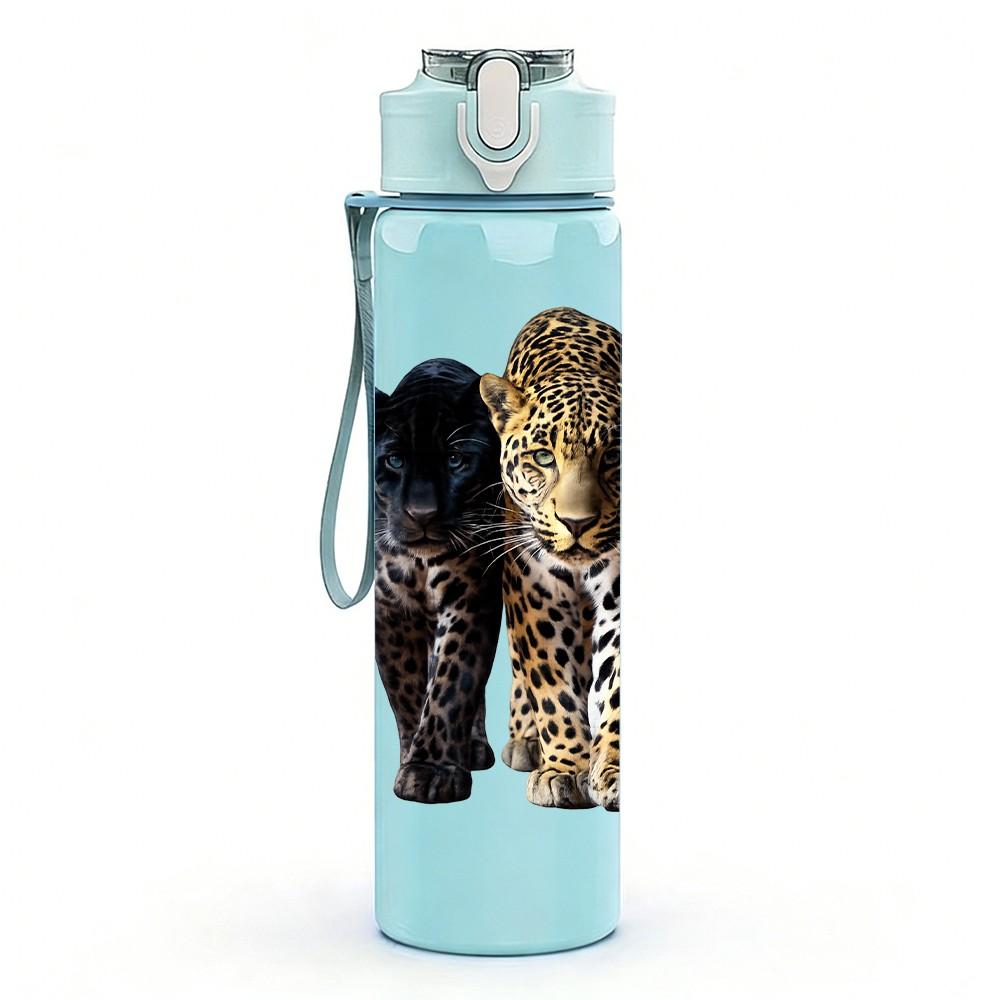 1PC Black Leopard Cat Standing Animal Print 750ml Color Plastic Sports Water Bottle Leakproof Flip Straw Lid Suitable for Sports Office Home Use