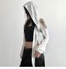 Handmade Off-the-Shoulder Distressed Hooded Women's Pullover - Irregular, Slimming, Versatile, Short Solid Color Jacket, Trendy Design.