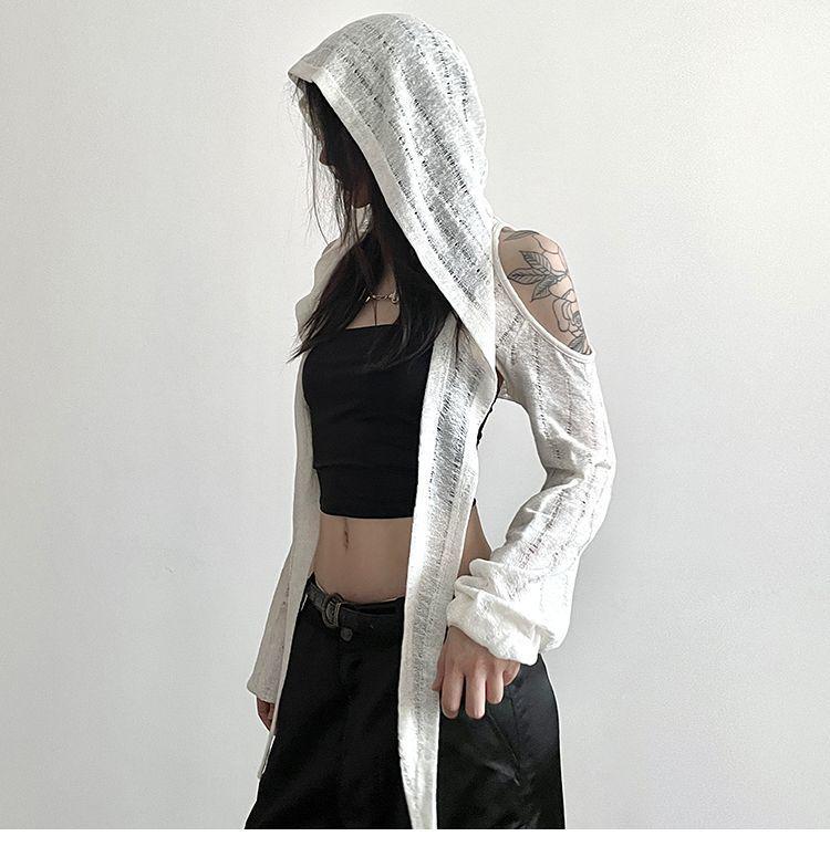 Handmade Off-the-Shoulder Distressed Hooded Women's Pullover - Irregular, Slimming, Versatile, Short Solid Color Jacket, Trendy Design.