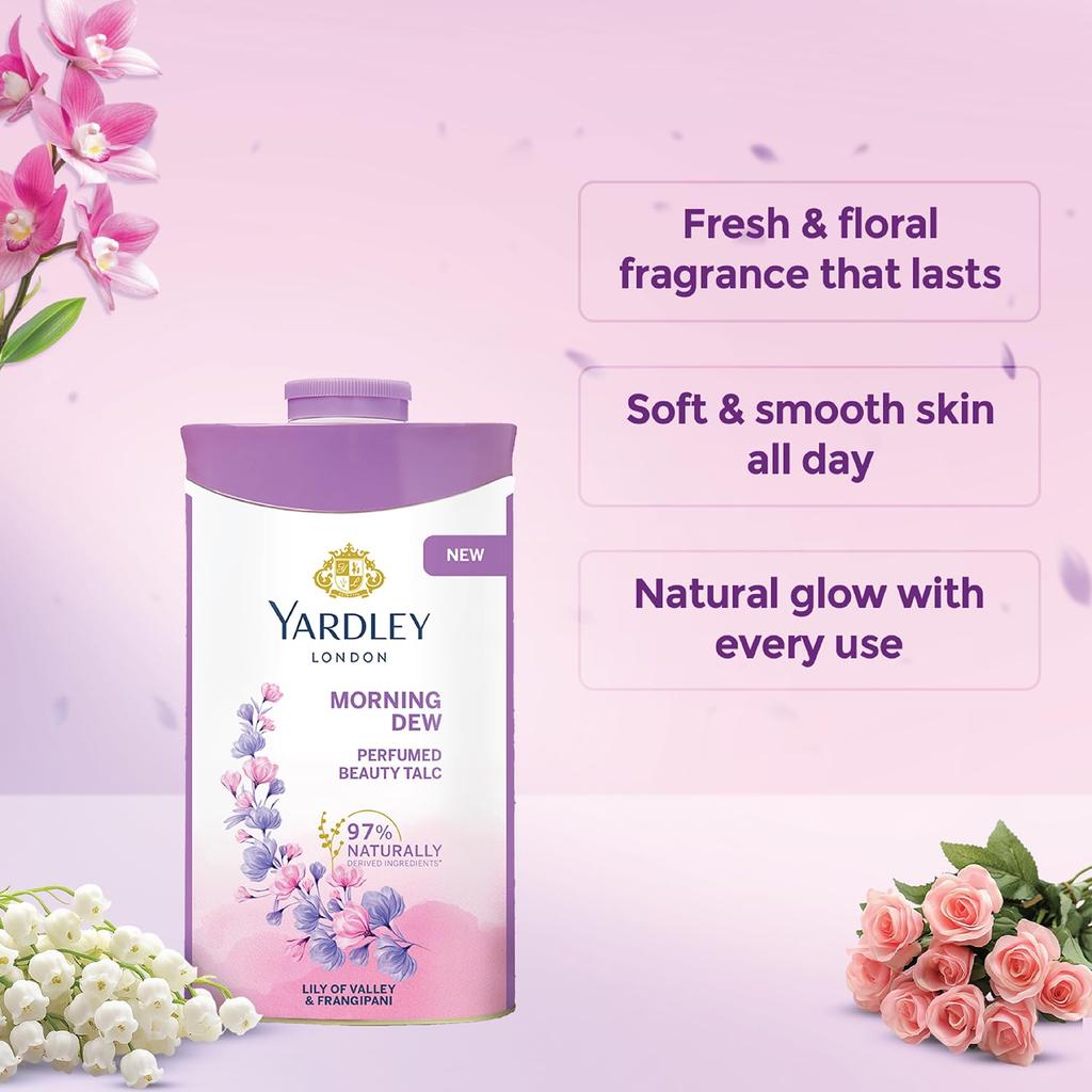 Yardley London Morning Dew Perfumed Beauty Talc 100g Soft Silky Fragrant Body Powder Pack of 1