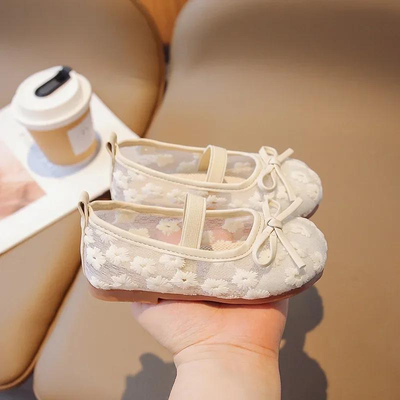 Girls Summer Shoes Flats Moccasins Children Loafers Mesh Breathable Embroidered Bowknot Princess Mary Jane Dress Shoes