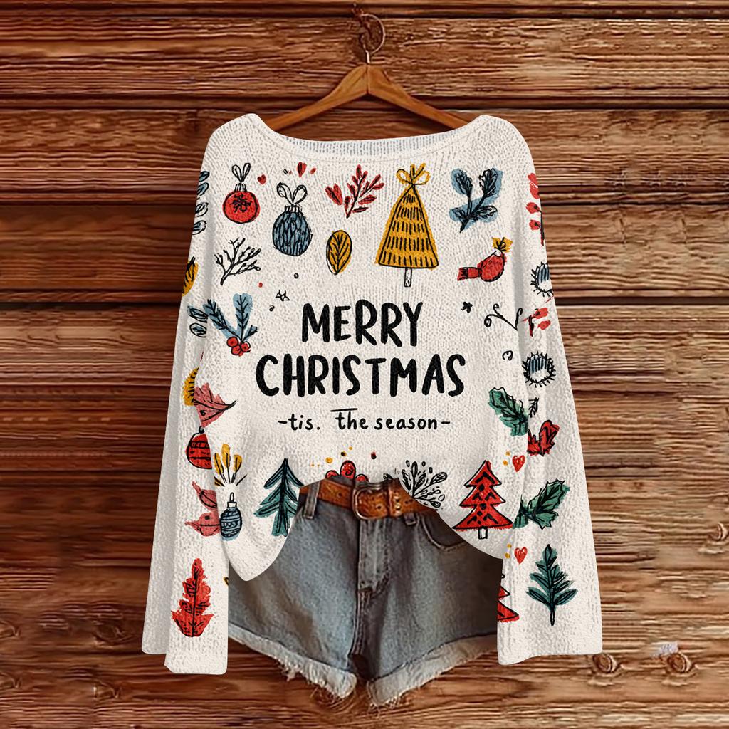Women's Round Neck Lightweight Sweater Casual Long Sleeve Christmas Print Knit Pullover