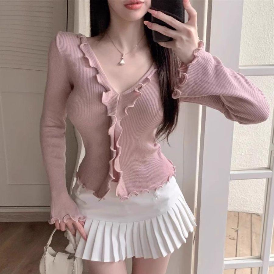 

Осенний вязаный свитер с V-образным вырезом и оборками для женщин - Приталенный, с длинным рукавом, короткий One Size розовый