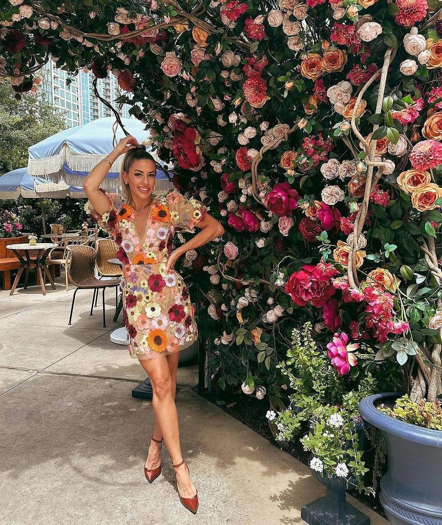 V-Neck Lantern Sleeve Dress with 3D Floral Embroidery