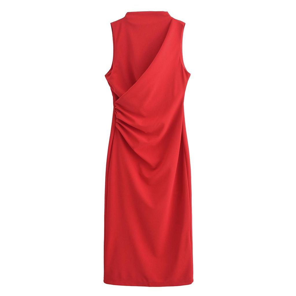 Spring 2025 Women's Pleated Midi Dress - Slim Fit with Waist-Gathering Design