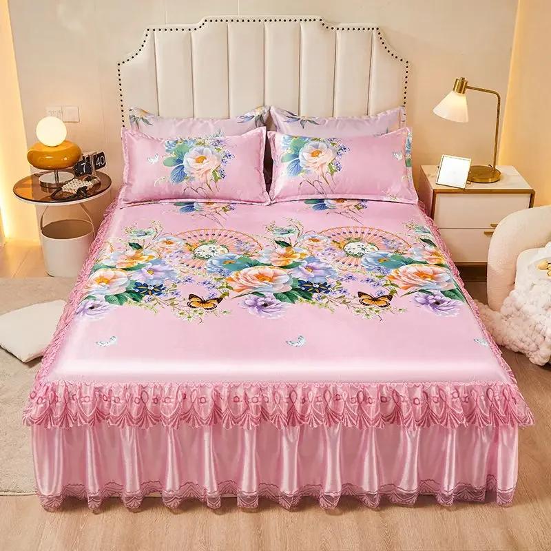 3pcs/set 2024 Summer Lace Bed Skirt Ice Silk Mat Printed Korean Lace Cool Mat Set Retro Single AndDouble Air Conditioned Bed Mat
