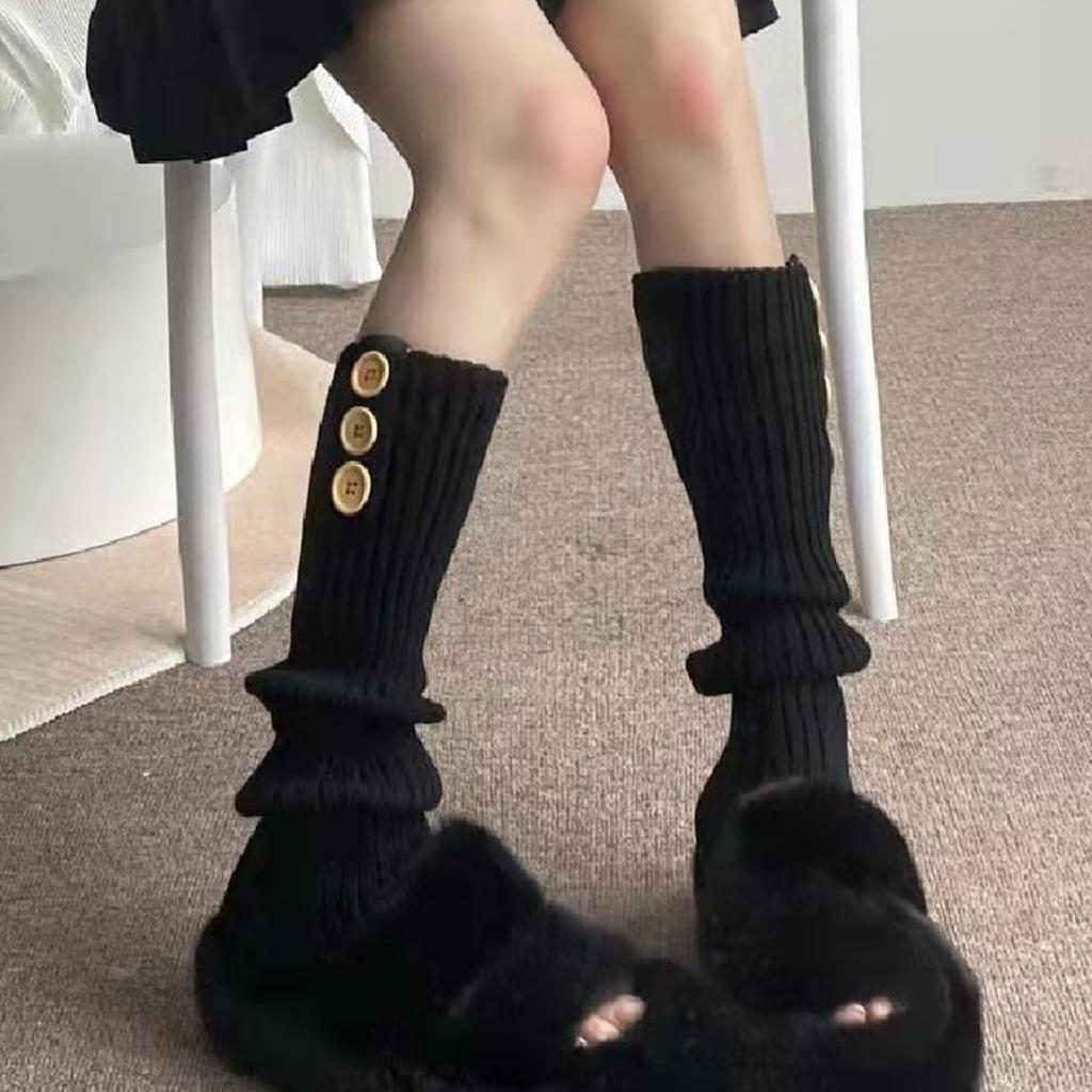 Women Student Novelty Leg Warmers Ribbed Knitted 3 Button Knee High Footless Boot Cuffs Solid Color Foot Covers Socks