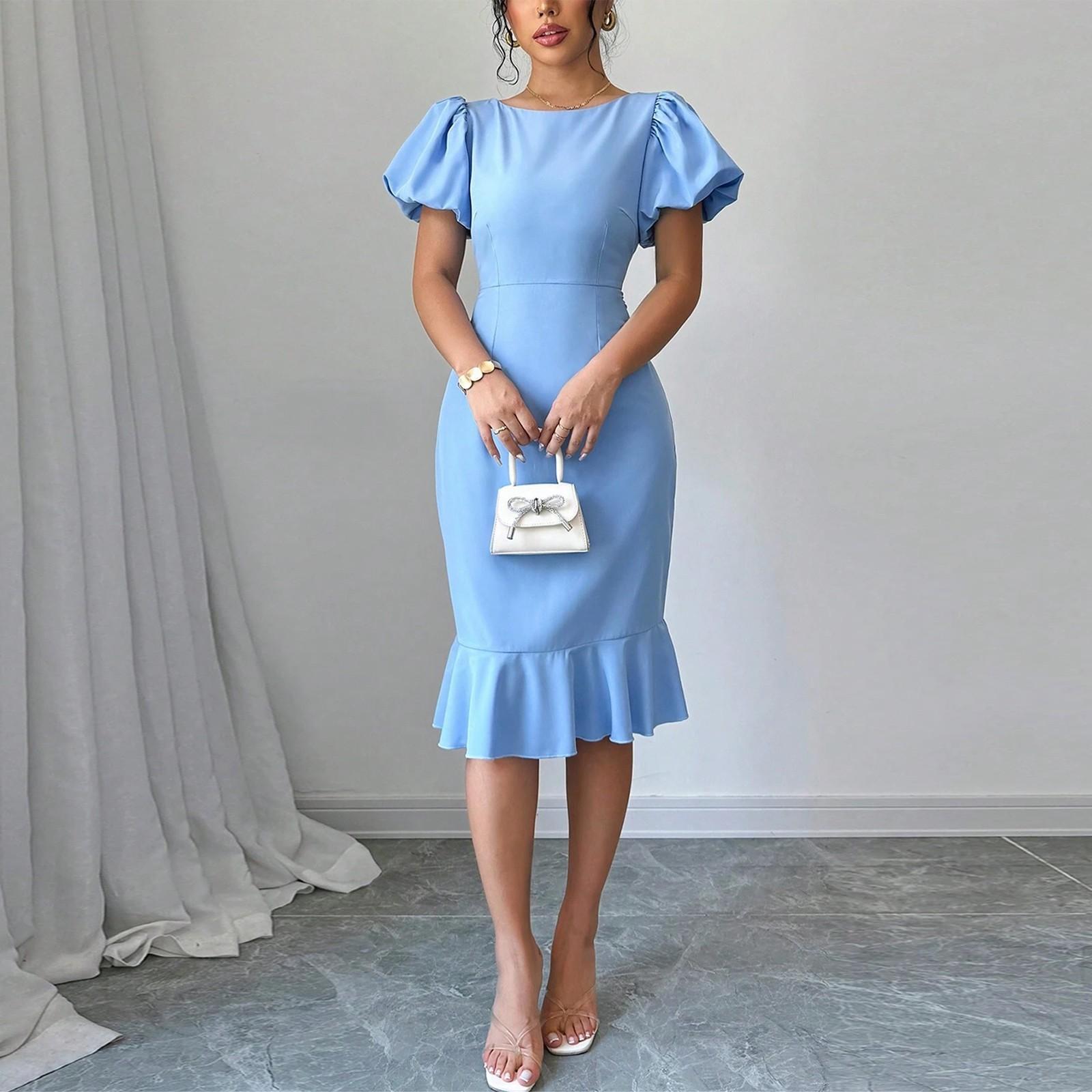 

Женское модное однотонное платье с круглым вырезом и короткими рукавами, с оборками, сексуальное, элегантное, с рыбьим хвостом XL небесно-голубой