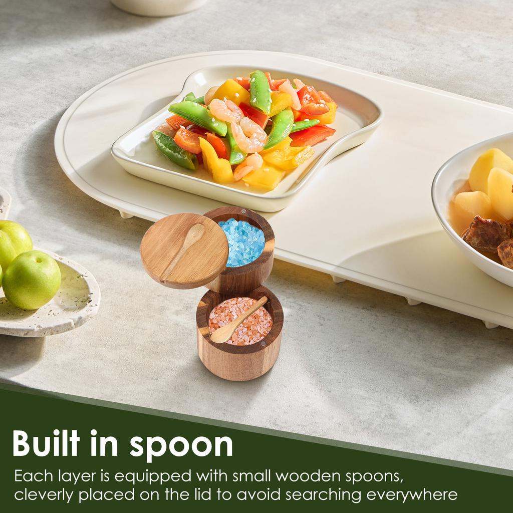 2 Layer Acacia Wood Salt and Pepper Bowl Box with Lid and Spoon Wood Salt Cellar Salt Jar Spice Seasoning Container Kitchen Tool