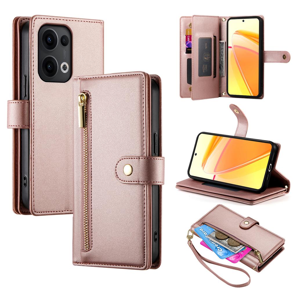 DF-011 For Oppo Reno13 5G (Global) Case Zipper Pocket Wallet Leather Phone Cover with Straps