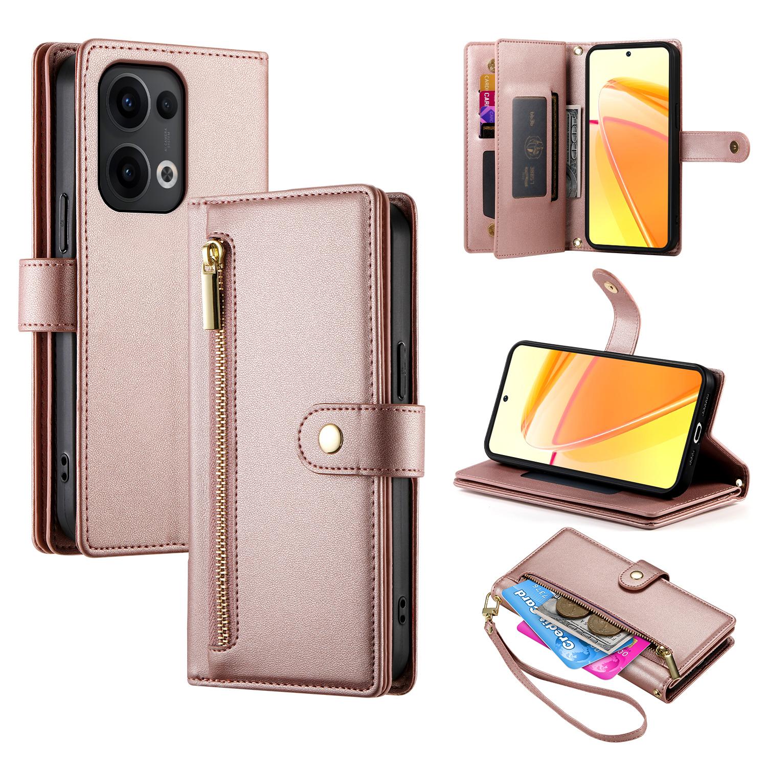 

DF-011 For Oppo Reno13 5G (Global) Case Zipper Pocket Wallet Leather Phone Cover with Straps Pink