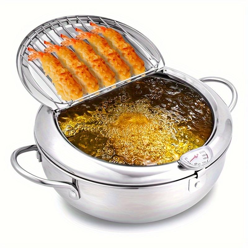 1pc 304 Stainless Steel Deep Fryer Pot, Frying Chicken Pot, Tempura Deep Fryer with A Thermometer and A Lid, Japanese Style Tempura Fryer Pan