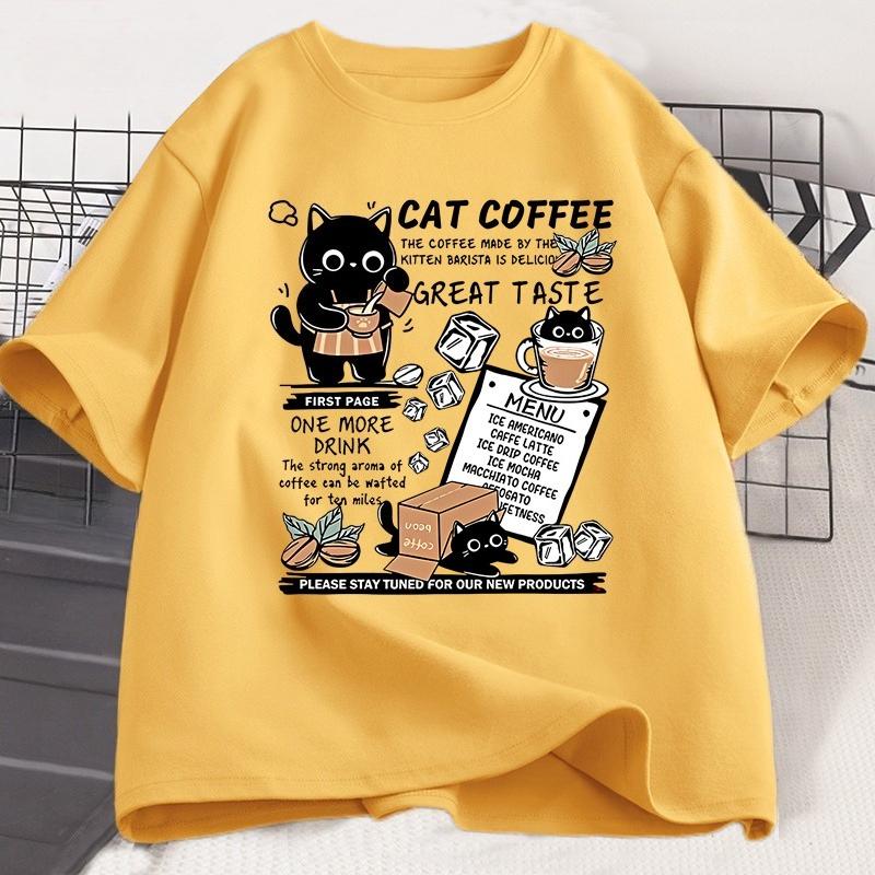 Funny Cat Make Coffe Print T Shirt for Unisex WOMEN Tshirt Summer Loose Cotton Short Sleeve Trendy Y2k Tops Unisexs Designer Clothes