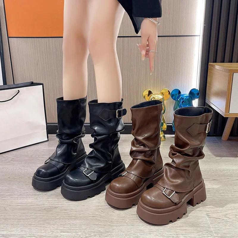 Women's Boots Brown Maillard Retro New Spring Autumn Height Increasing Comfortable Anti Slip Belt Buckle Boots 2025