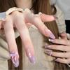Taro Ice Blue Cat Eye Nail Art with Purple Bow & Glass Beads