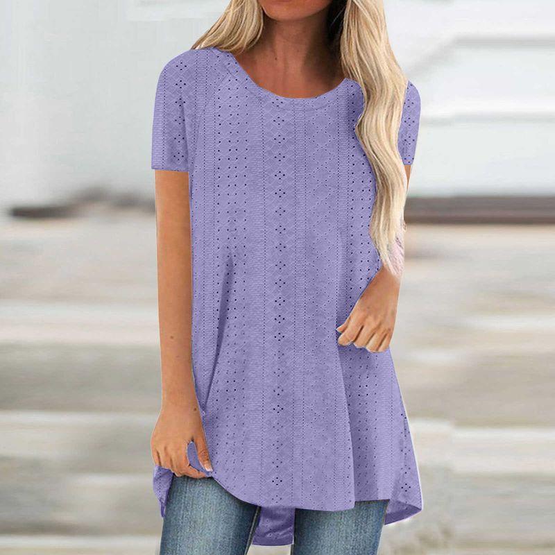 

Fashion Summer round Neck Short Sleeves Raglan Asymmetrical HD Knitting Needle Sleeved Wife Shirt Casual Pure Color Ripped T-shirt Purple S