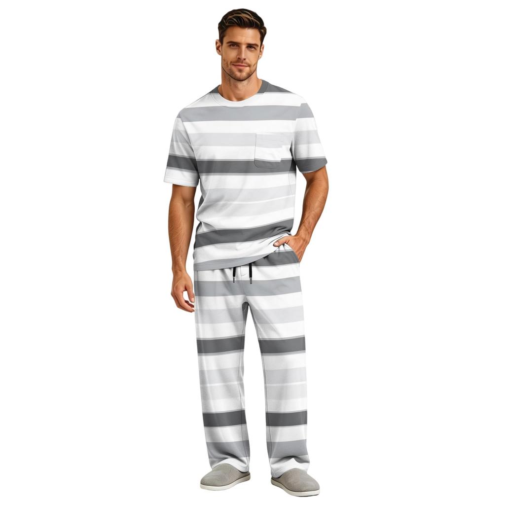 Men's Short Sleeve Pajama Set with Long Pants, Button Crotch, Elastic Waist Drawstring - Comfortable Sleepwear