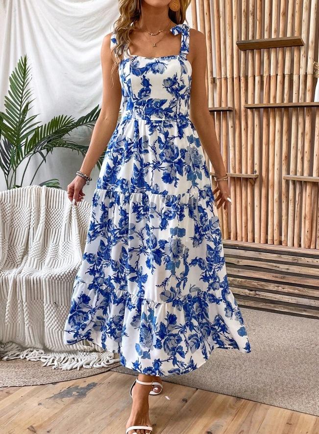 New European and American women s clothing sexy sleeveless lace-up printed fashion medium and long dress S