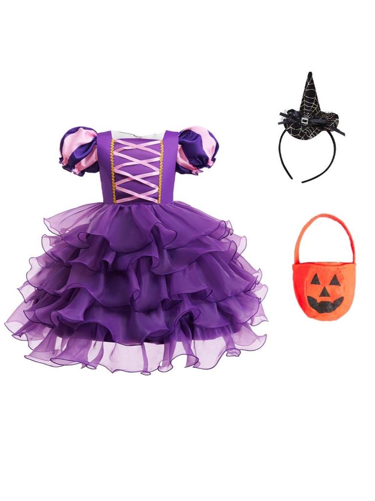New Girls' Halloween Puff Sleeve Mesh Dress Costume