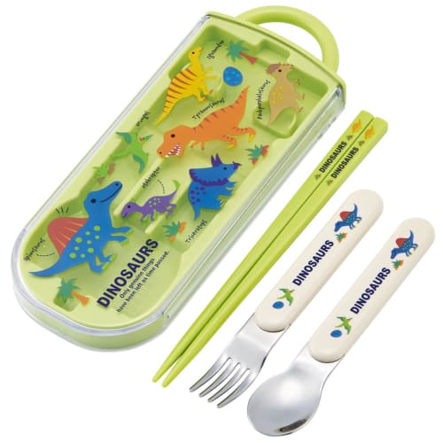 Skater Cutlery Set for Kids, Lunch Box, Chopsticks, Spoon, and Fork, Made in Japan, Sliding Cutlery with Name Stickers, Antibacterial, Trio Set, Dinos