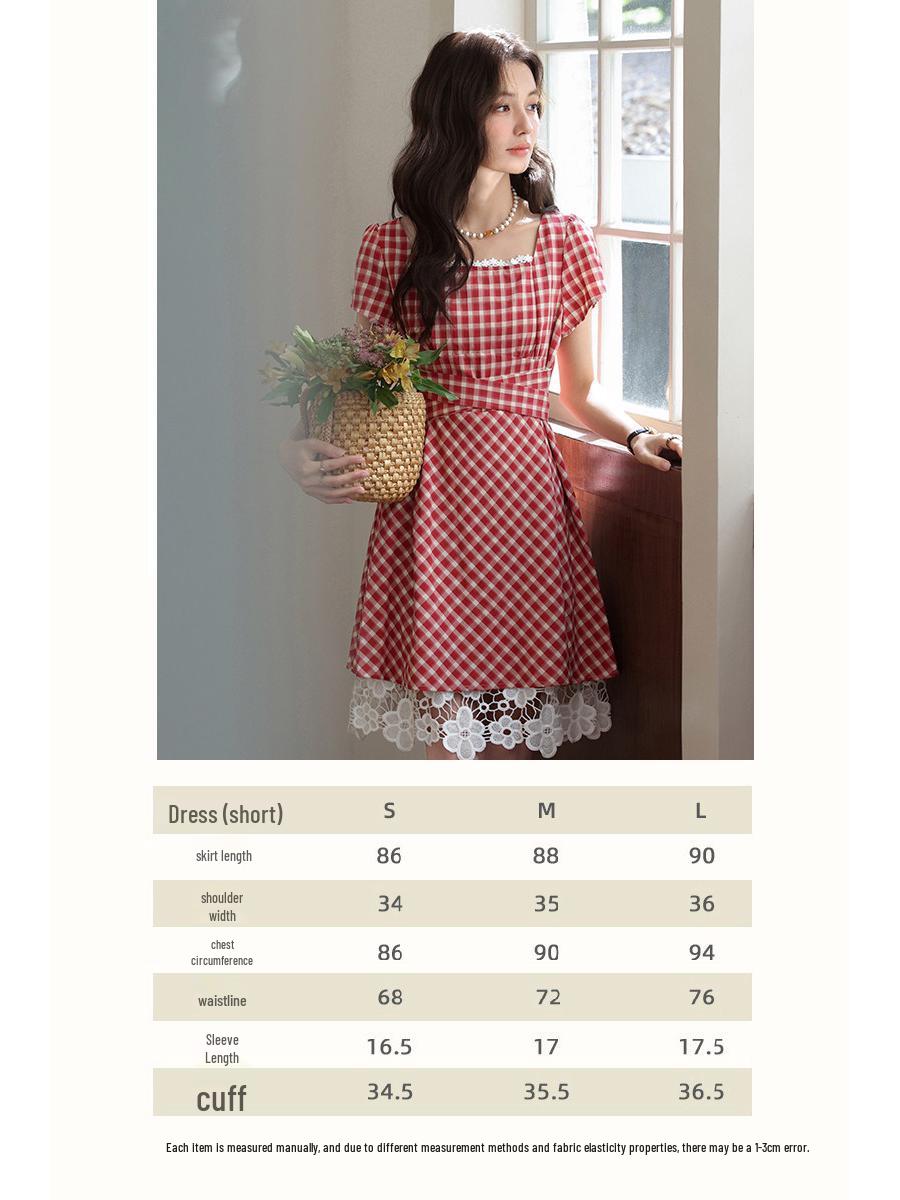 

Lu Xiangnan Red Plaid Dream French Square Neck Summer Dress for Women - Unique and Beautiful Skirt Medium
