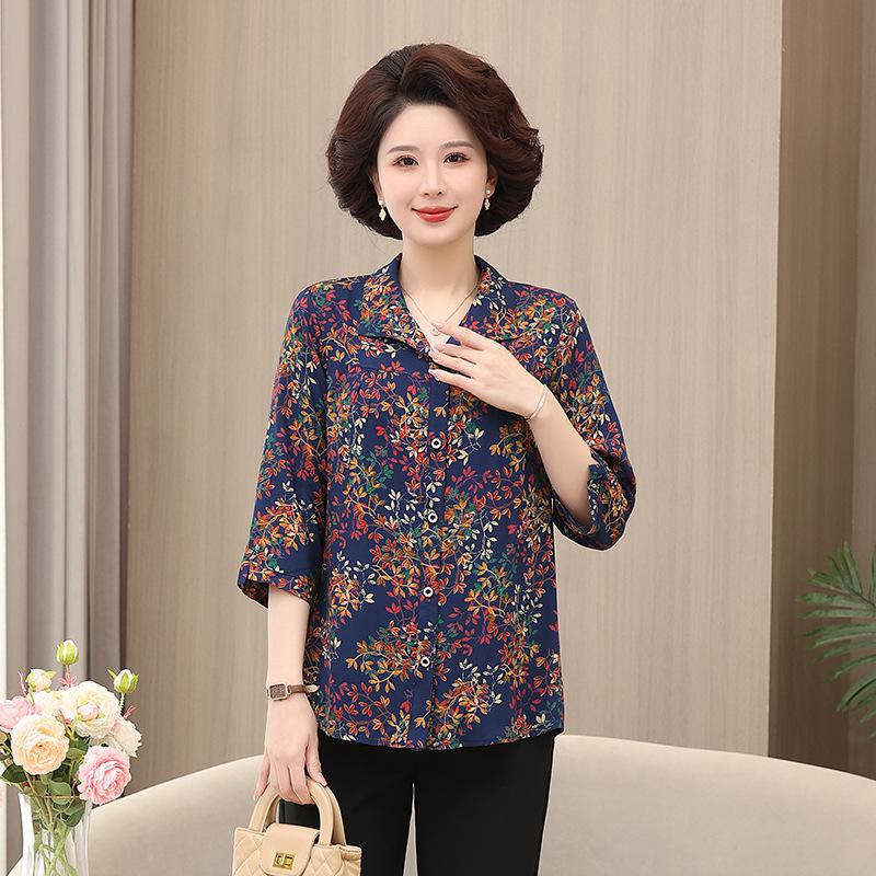 Middle-aged and Elderly Long-sleeved Shirt Women's Style Grandma's Cotton Silk Shirt Plus Size Fat Mother's Spring and Summer Loose Top