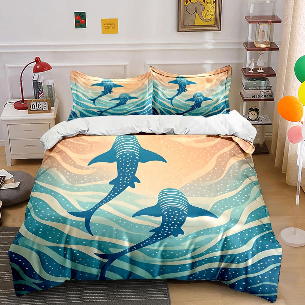 Walhaie schwimmen im blauen Ozean Bettwäsche-Set für Kinder Luxuriöses Geschenk 3-teiliges Digitaldruck-Bettdecken-Set Weich Bequem