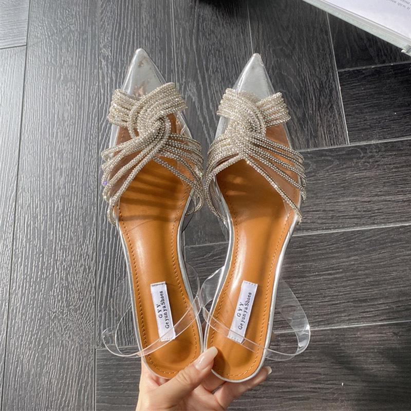 French Stiletto Rhinestone Sandals - Silver, Transparent High Heels, Pointed Toe, Hollow Design