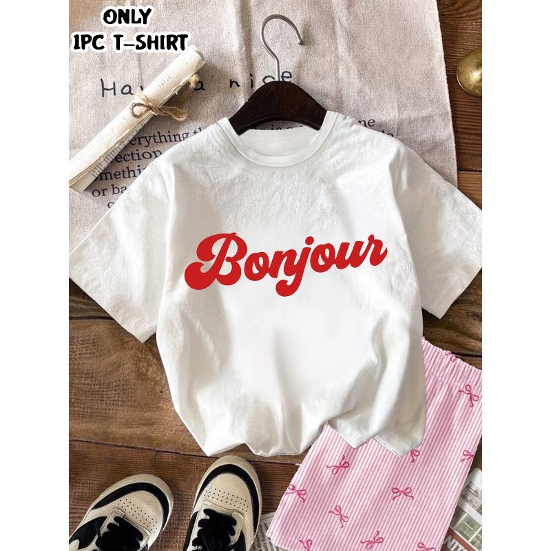 European sizes Girls' French Retro Preppy Style T-Shirt, 'Bonjour' Print Short-Sleeved T-Shirt, Versatile Round Neck Short-Sleeved Top